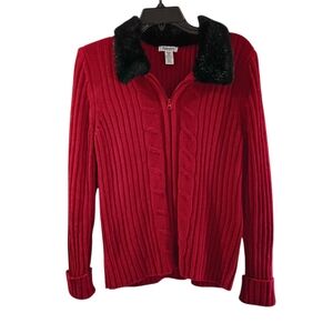 EUC Hampshire Studio‎ Red Cable-Knit Faux Fur Collar Cardigan Sweater PS Women ✨